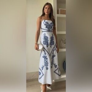 Zara White and Blue Embroidered maxi Dress